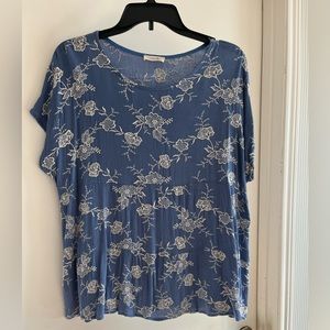 Blue boho chic shirt with floral stitching. Cotton Bleu Size L